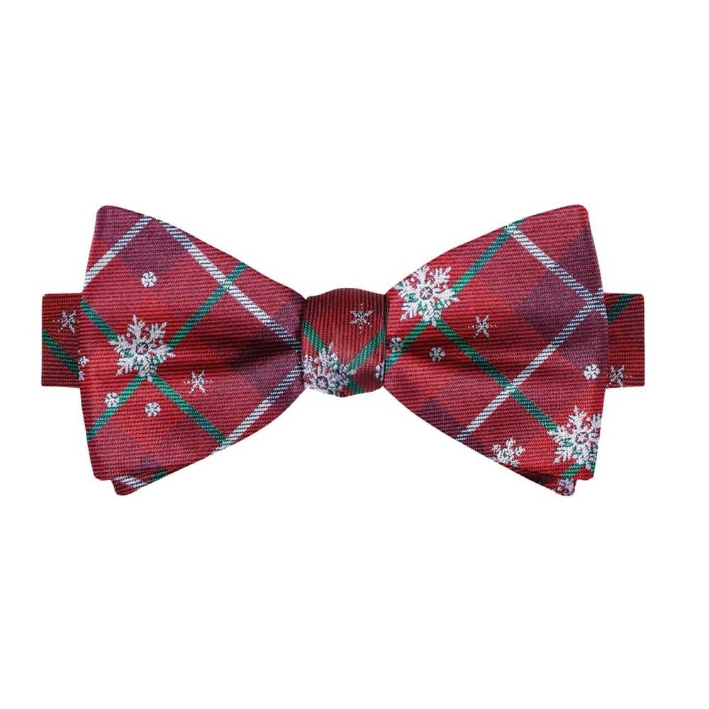 Red Plaid Pre-Tied Bow Tie with Snowflake Design Motif Festive adjustable